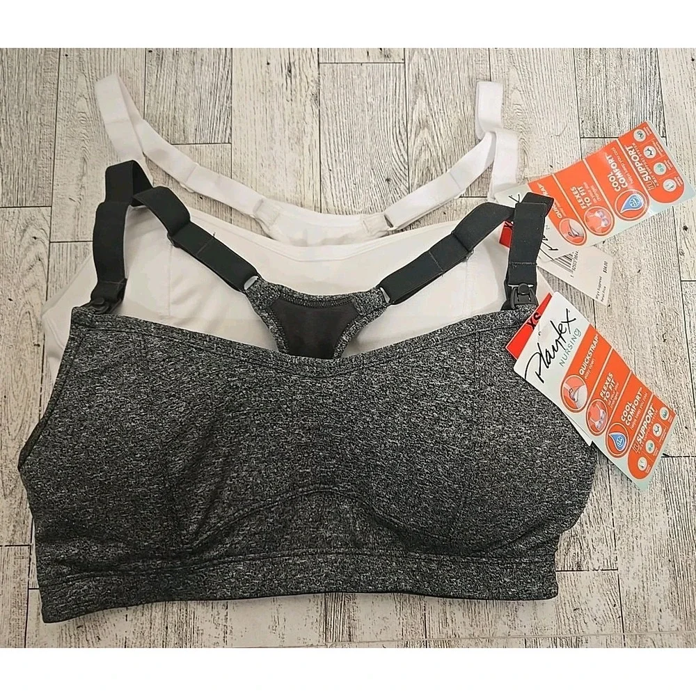 Playtex Nursing Bra XS Racerback Sports Bra Gray Heather & White Lot of 2 NEW